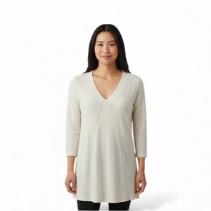 Peck&Peck, Women Blouse, Cream, White Vertical Stripe, V-Neck SOFT, Sheer Small